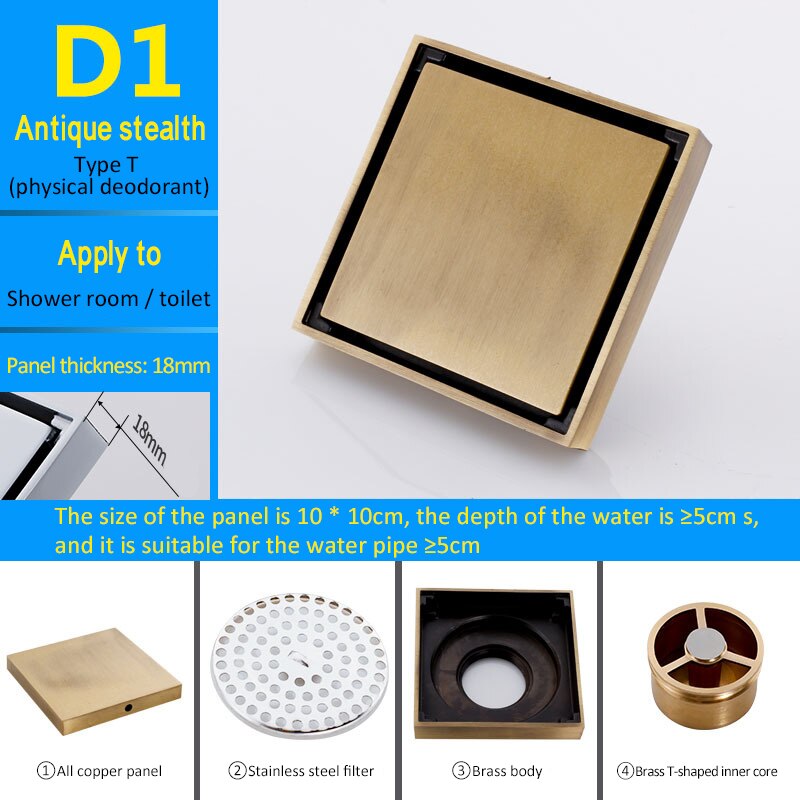 Dreno de assoalho inoxidável, dreno de assoalho quadrado de aço inoxidável para drenagem de piso, canal de drenagem para cozinha do banheiro: D1