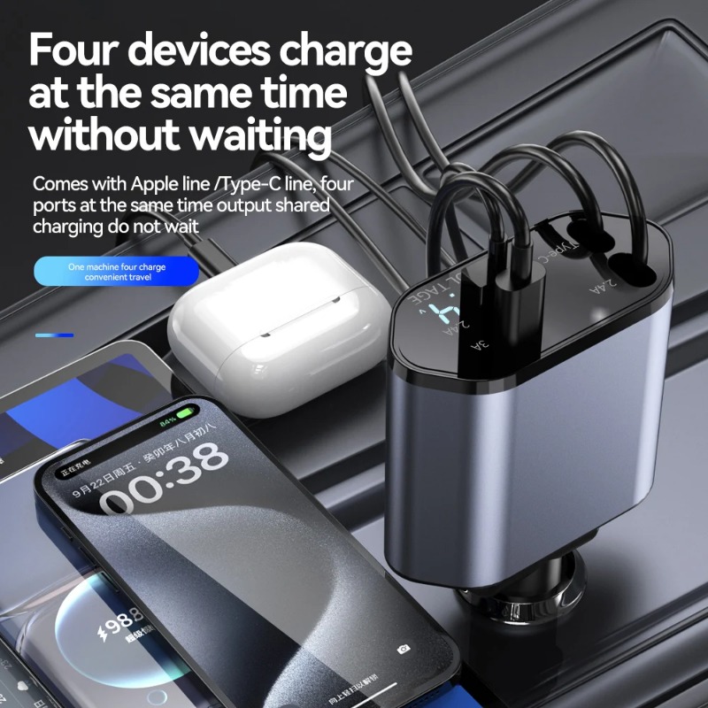 Intrekbare Autolader, 4 In 1 Snelladende Autolader 120W, Intrekbare Kabel En 2 Usb-Poorten Autolader Adapter Compatibel