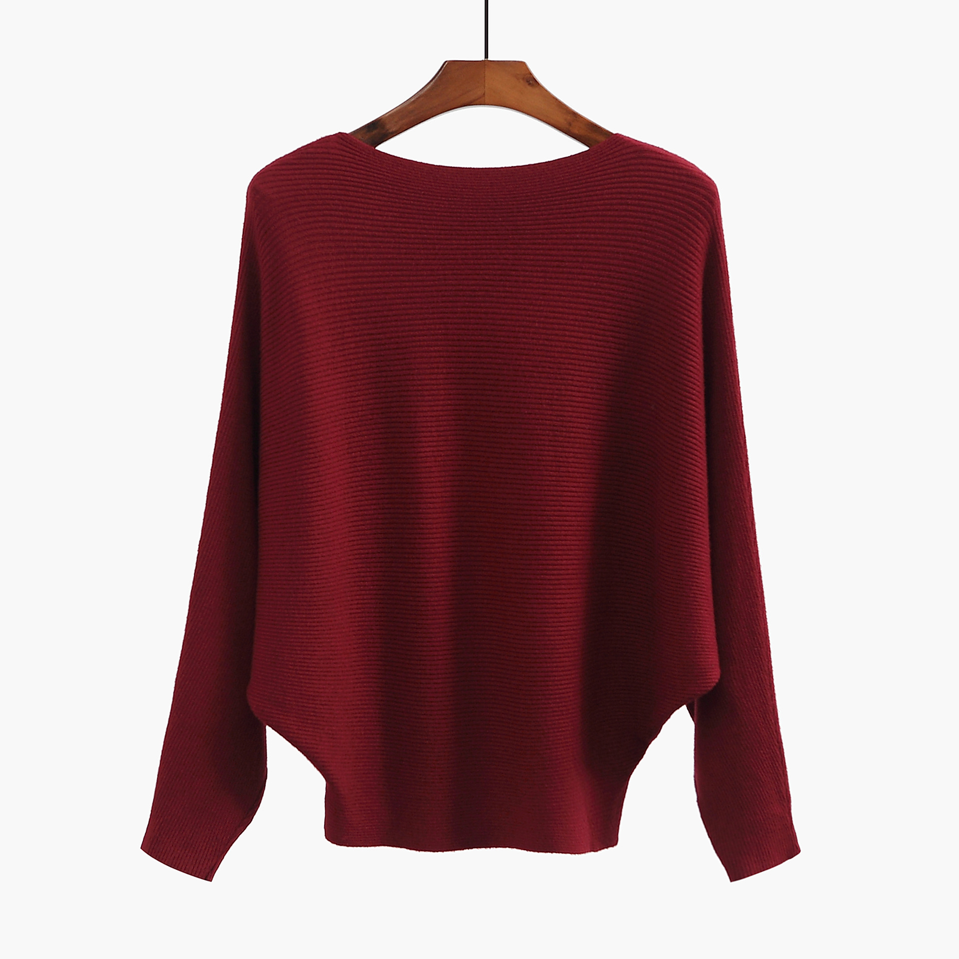 18 kvinder flagermusærmer vinter efterår strikvarer løs fint garn pullover strik strikket skrå hals blød sweater: Burgunder