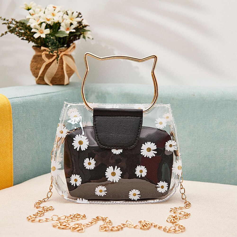 Schouder Waterdichte Draagbare Voor Vrouwen Casual Daisy Patroon Keten Transparant Crossbody Handtas Messenger Met Inner Pouch: Black