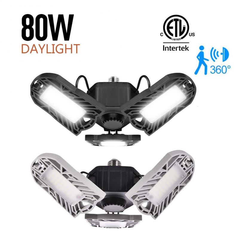 E26 80W Motion Activated Ceiling Light 8000LM AC85-265V LED Deformable Garage Light Lamps High Bay Light For Warehouses Workshop
