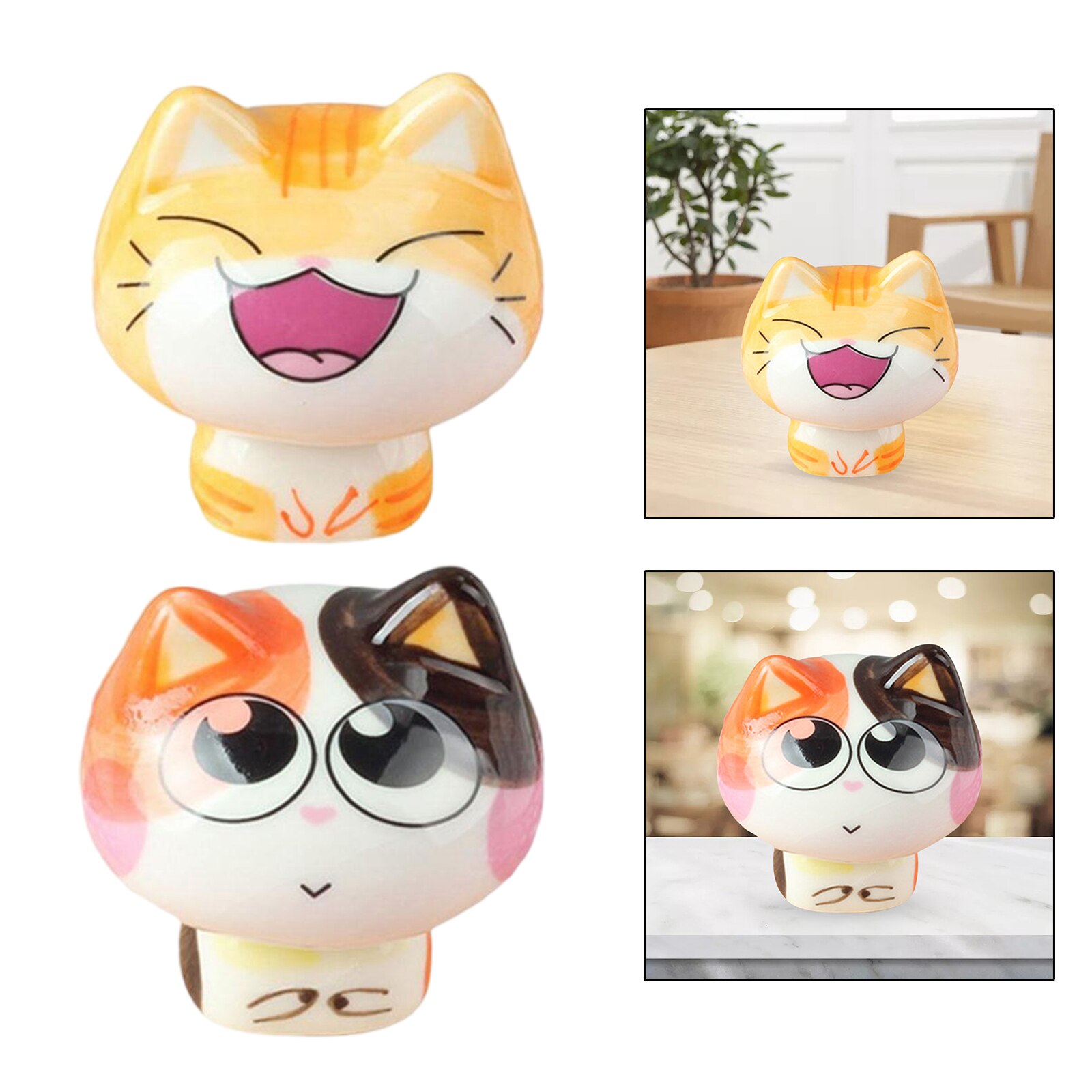 Porcelain Cute Cat Sculpture Statue Home Office Desktop Decoration 6x6.5cm