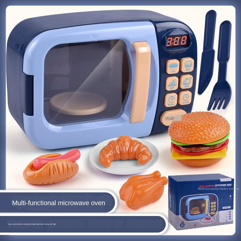 Children's Puzzle Simulation Play House Kitchen Toys Girls Simulation Cooking Tableware Set Children Toys: Blue Microwave oven