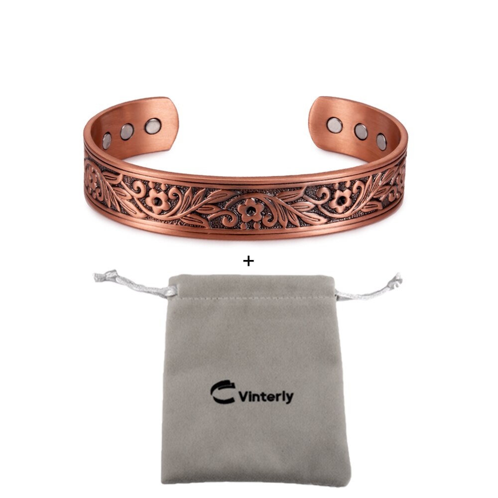 Vinterly magnetisk kobber armbånd menn bred helse energi magnet helse armbånd blomst justerbar mansjett kobber armbånd for kvinner: Med veske