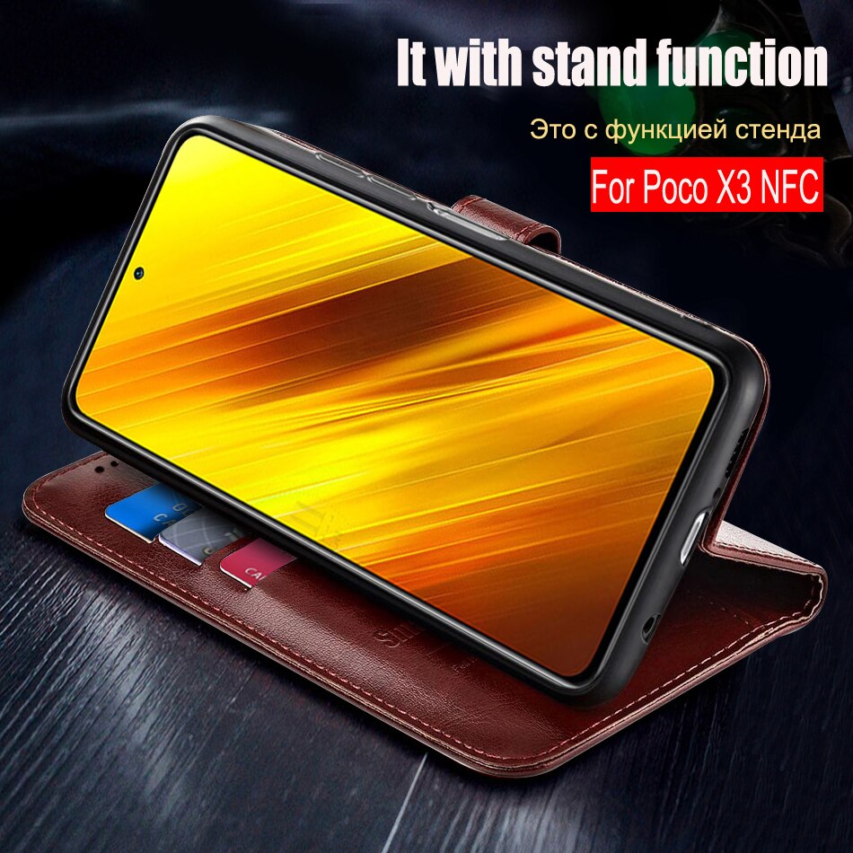 Funda con tapa magnética para Xiaomi MI Poco X3 NFC, tarjetero de cuero de lujo con Soporte para tarjeta de funda de cartera, NFC