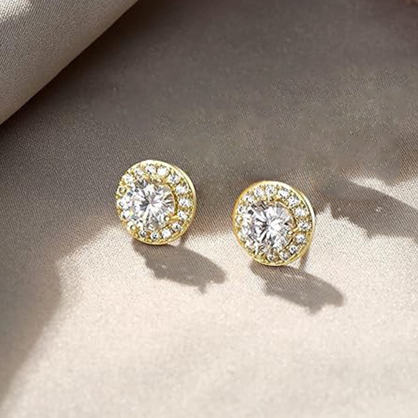 1 Pair Silvery Cubic Zirconia Stud Earrings Round Square Diamonique Stud Earrings Set for Women Men: Pure Gold Color