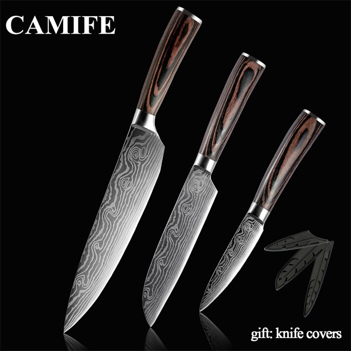 Super 8"inch Utility Chef Knives Imitation Damascus Steel Vein Santoku Kitchen Knives Carving Cleaver Slicing Knife: K.3 Pcs set
