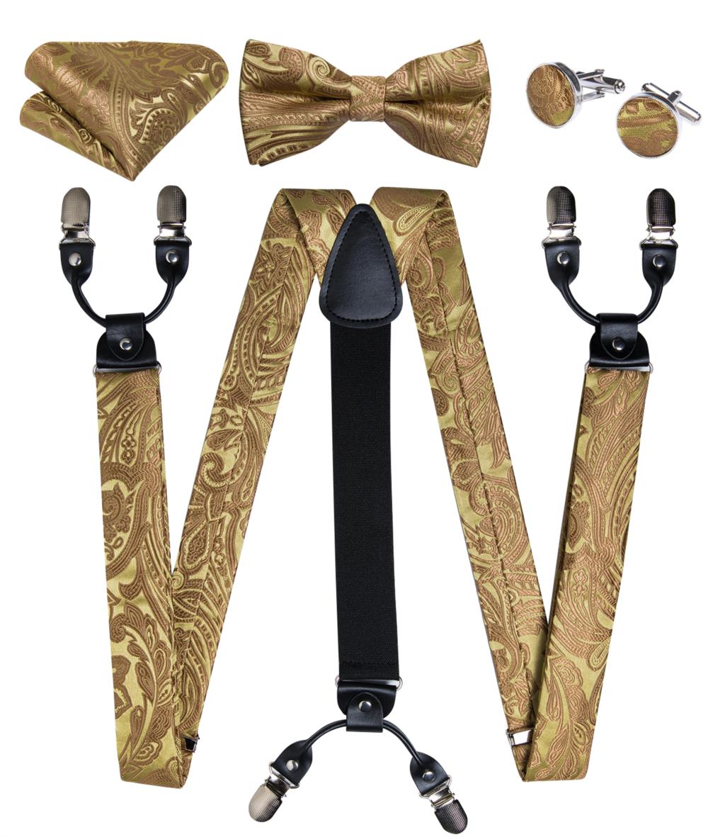 Luxury Yellow Men's Suspenders Silk Elastic 6 Clips Braces Wedding Party Accessories Men Y-back Suspenders Bow Tie Set DiBanGu: BD-4023