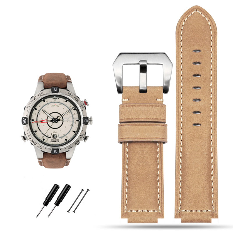 For TIMEX Watchband Men's Tide Compass Strap T2N721 T2N720 W2R55500 TW2T76500 Convex leather wristwatch chain 24x16mm with tools: Silver Yellow