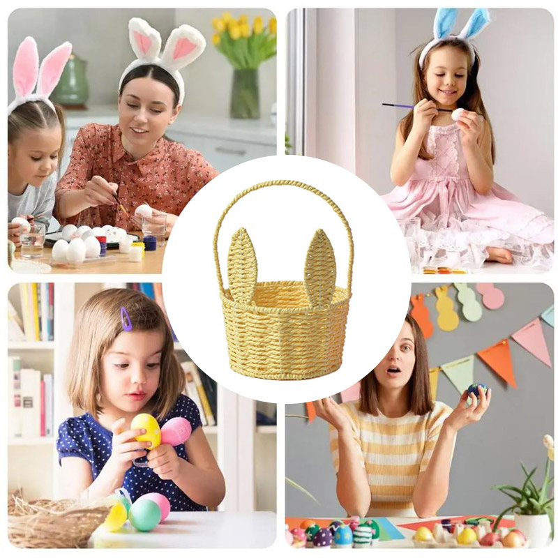 Cute Bunny Ears Woven Basket Paper Rope Braided Flower Basket Easter Decoration Home Picnic Fruit Hand-held Sundries Organizers