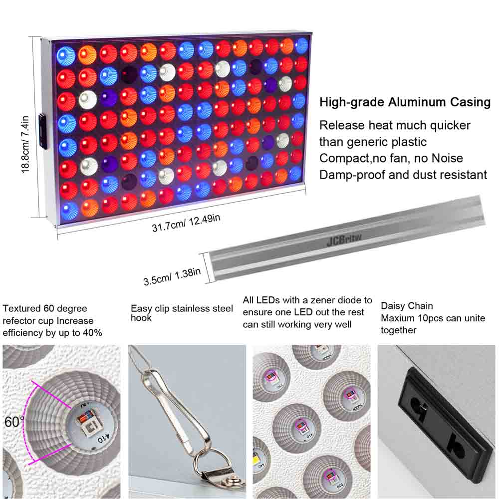 JCBritw LED Grow Light Panel Full Spectrum UV IR with Daisy Chain 100W Pro Plant Growing Lamp Bulb for Indoor Plants Greenhouse