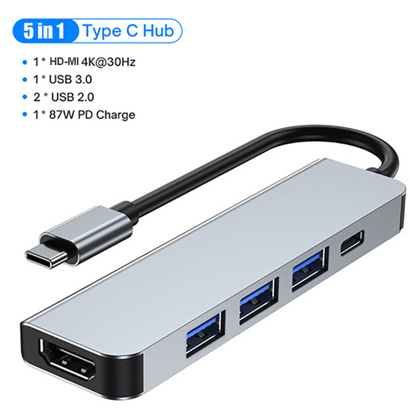 5-portowa stacja dokująca USB C typu C do HDMI 4K/RJ45 100M Rozdzielacz USB 3.0 5 Gb/s Szybki adapter USB C HUB do laptopa Macbook: WHITE