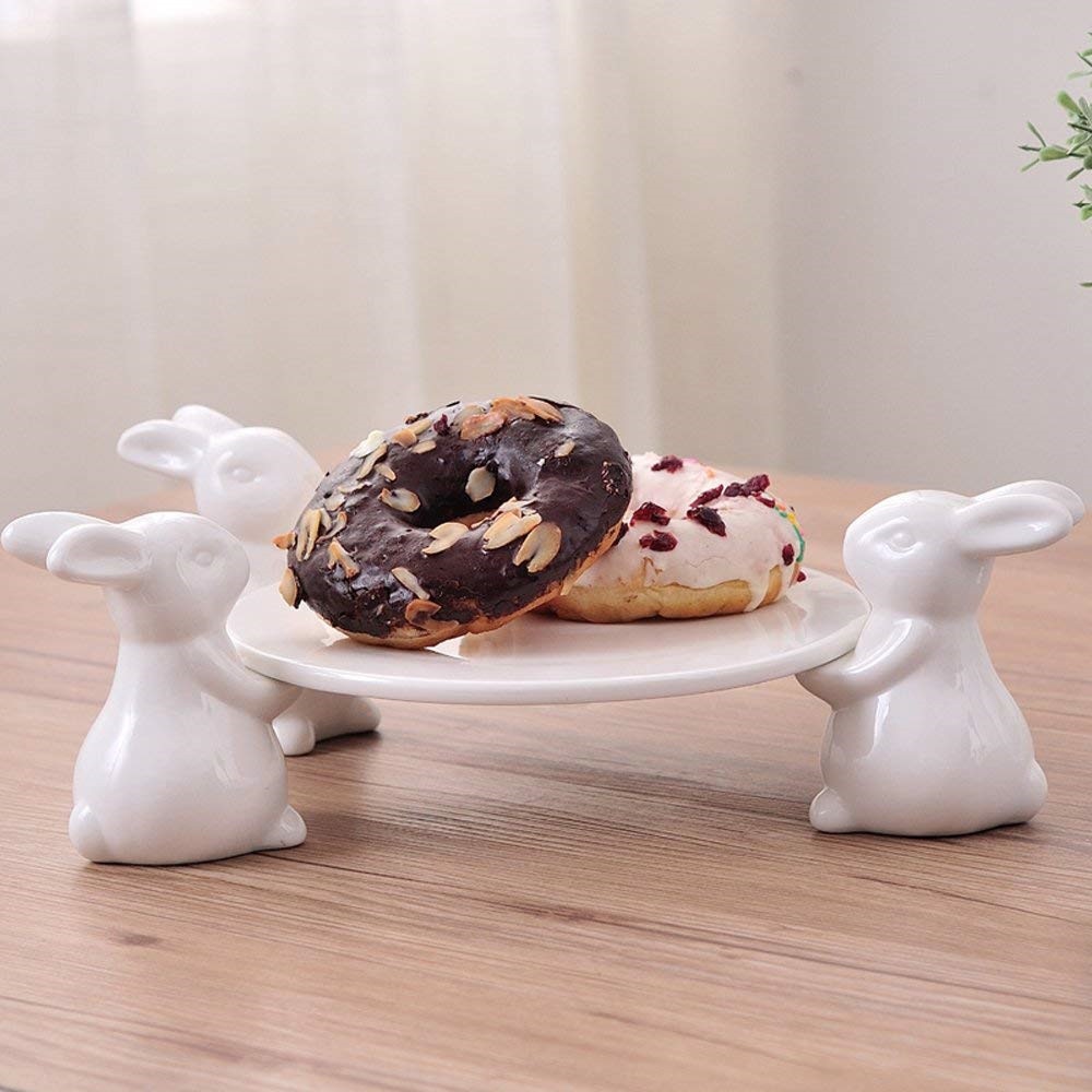 Plato para torta de porcelana cerámica blanca, soporte para pies de conejo, decoraciones creativas para el hogar, adornos de cerámica, accesorios, bandeja para pasteles de té