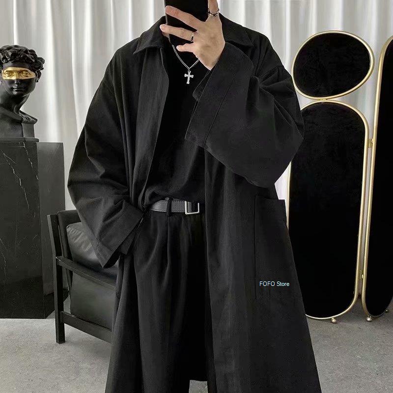 Autumn Long Black Oversized Trench Coat Men Long Sleeve Loose Dark Academia Aesthetic without Buttons 2022: Black / XXL