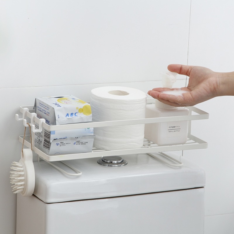 Bathroom Shelf Above Toilet Water Tank Reusable Heavy Duty Kitchen Bathroom Toliet Shelf Iron Storage Rack Hook Organizer Home