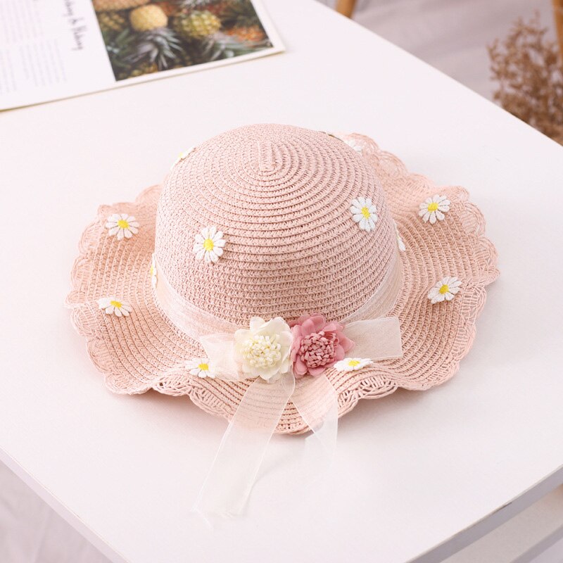 Zomer Meisje Strooien Hoed Tas Set Zon Cap Outdoor Kids Ademend Strand Hoeden Chrysant Zoete Prinses Seaside Panama Hoed: pink hat