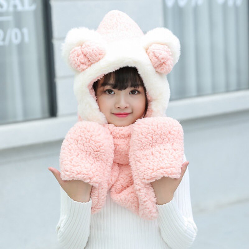 Foux Bomber Hats Women Kids Parent Child Winter Bear Ears Russian Cap Scarf Neck Gloves Snow Warm Baby Boy Girl Ushanka Trooper: Kid DPink