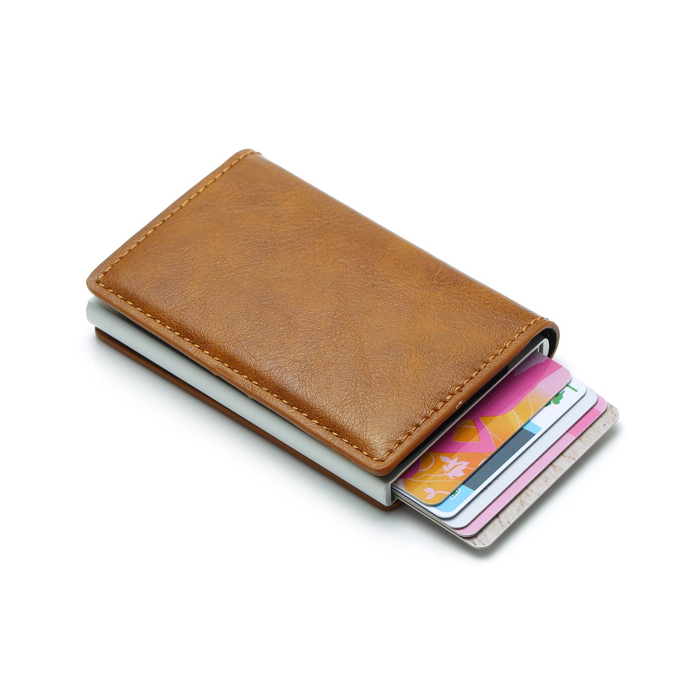 BISI GORO Slim RFID Wallet Business Card Holder Hasp Aluminum Credit Card Wallet Metal Credit Mini smart Men Purse: brown 9810