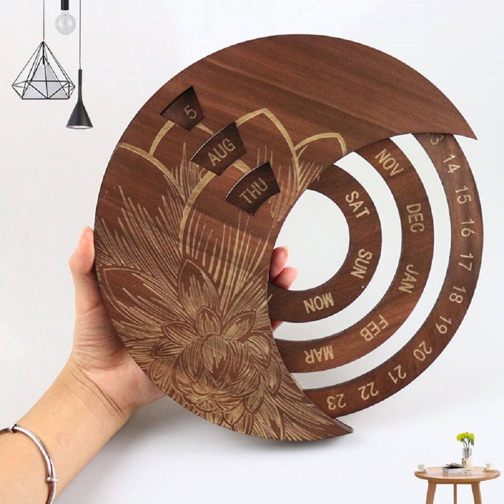 Wooden Calendar, Floral Print Rotatable Permanent Calendar Decorative Ornaments for Living Room Bedroom Arrivals