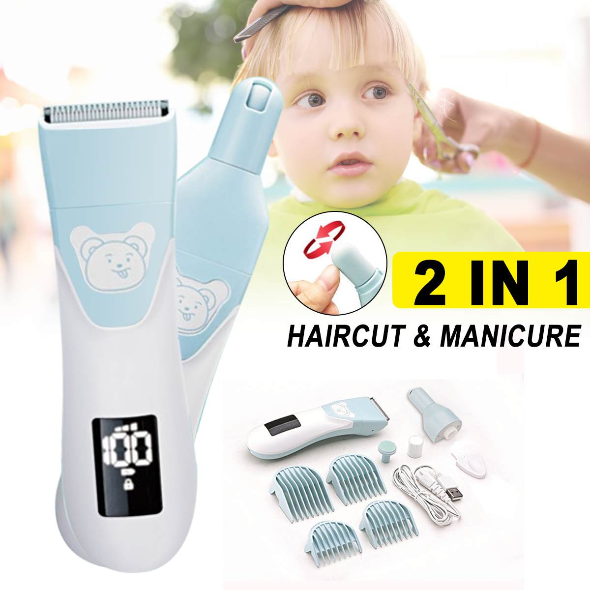 Cortadora de pelo eléctrica lavable para bebé, amoladora de uñas 2 en 1, máquina de corte de pelo para bebé, afeitadora de corte de pelo