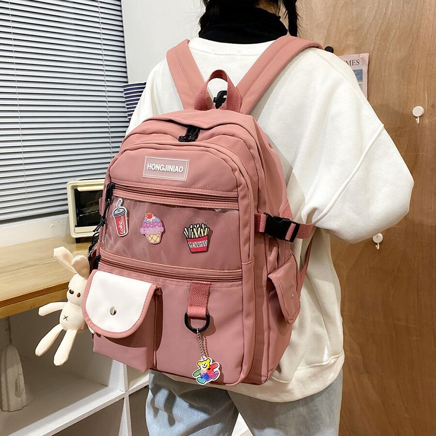 Mochila Coreana de gran capacidad para mujer, bolso escolar de bolsillo transparente para adolescentes, bolso de viaje de estilo Preppy a la