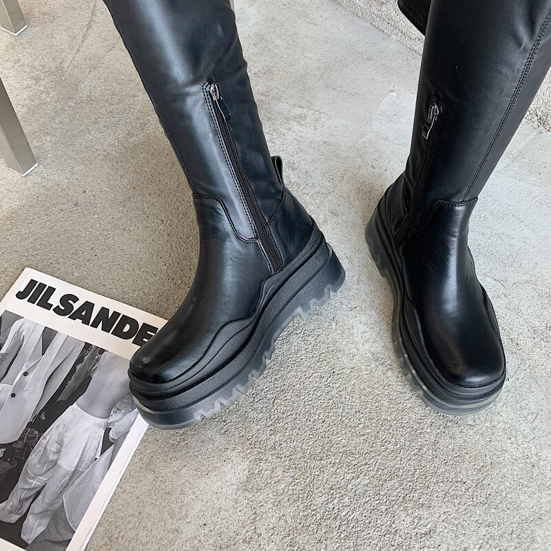 Femmes Stretch tissu cuir cuissardes décontracté sur le genou bottes femmes plate-forme Punk bottes noir bottes femmes
