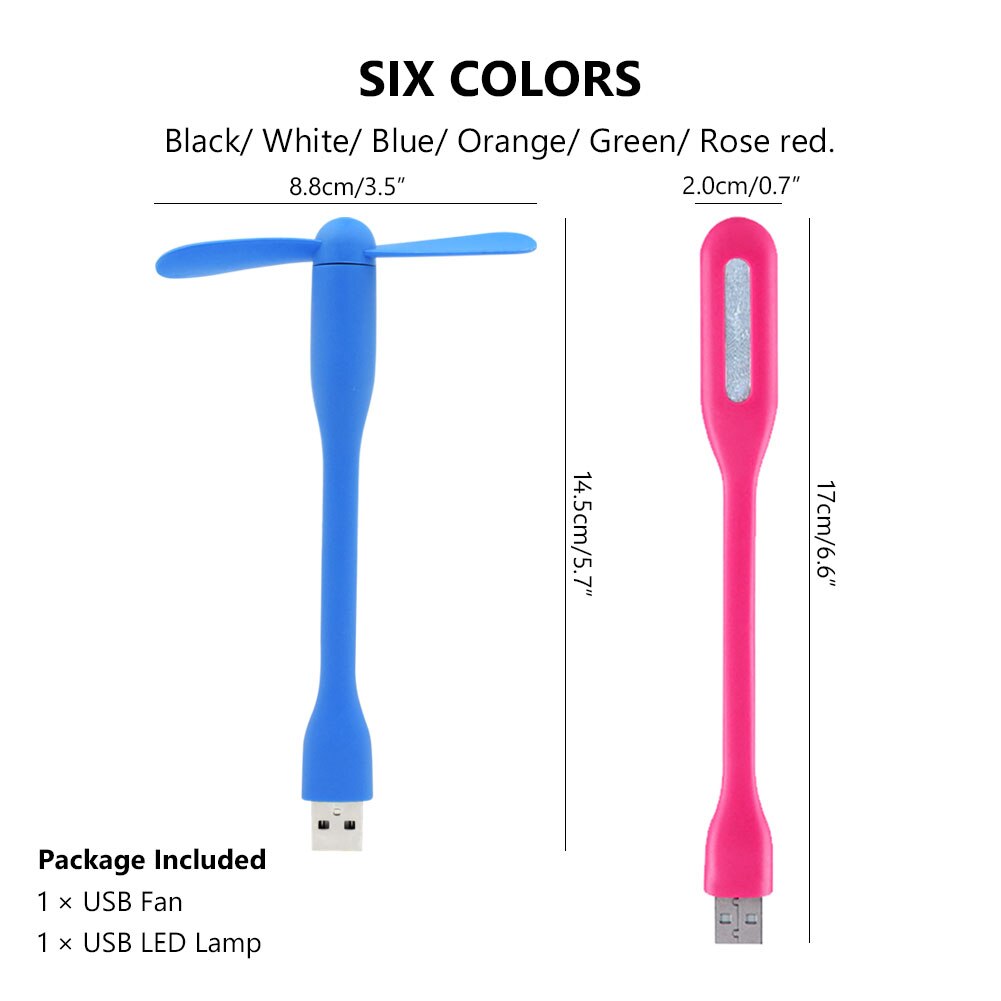 6 Colors Mini Flexible Portable Bendable USB Fan+LED Lamp Light Flexible For Apple Android Phone Laptop Desktop Power Bank