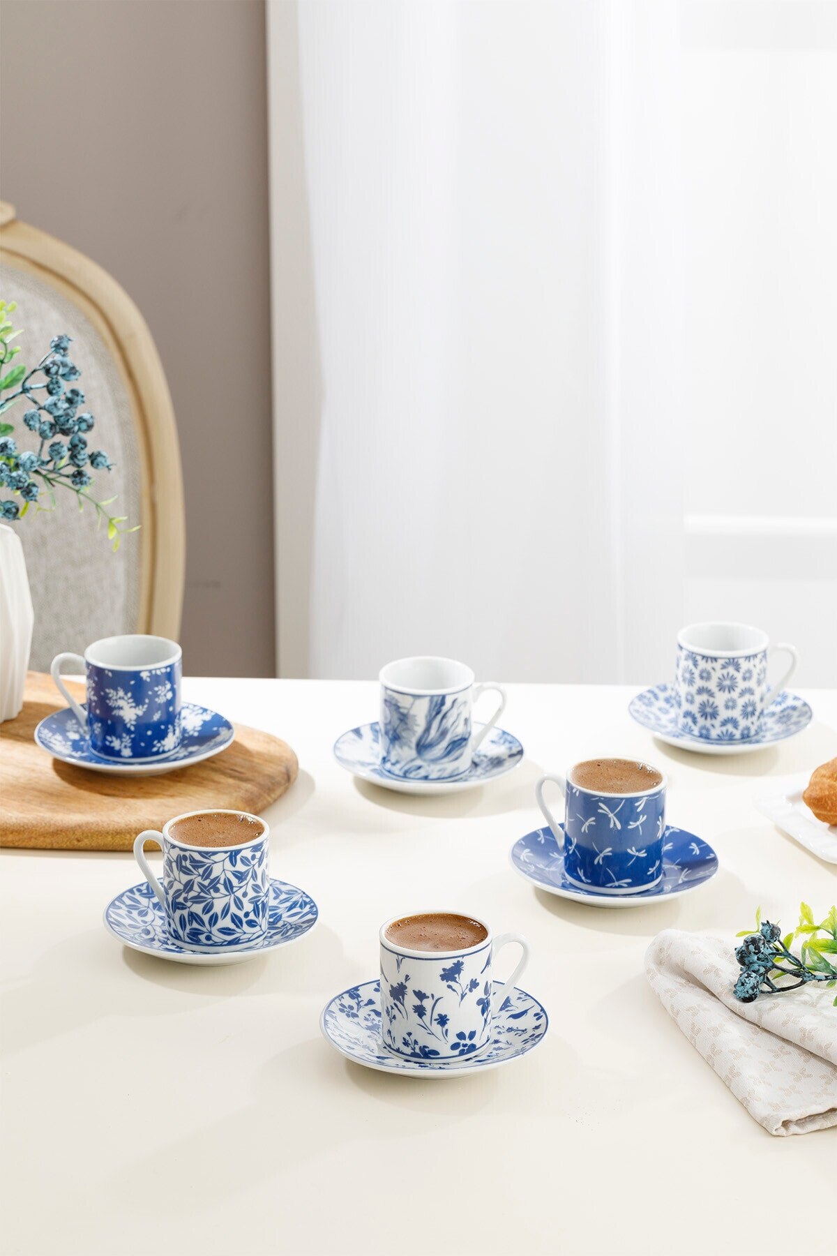 Porcelain Set of 6 Navy Blue Patterned Coffee Cups 12 Pieces (Cups and Coasters) Stylish Kitchen Set