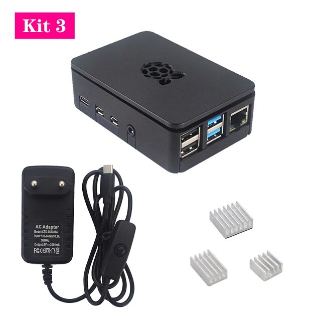 Raspberry Pi 4 Model B Case Black ABS Case Plastic Doos Behuizing met Aluminium Koellichaam Voeding voor Raspberry pi 4 4B: Kit 3