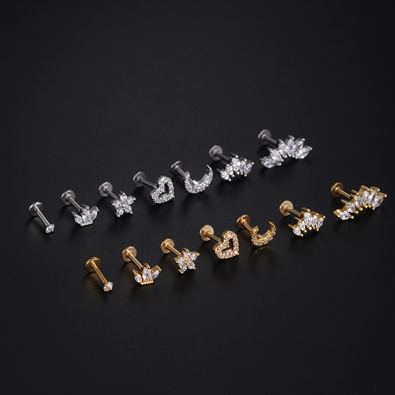 1 Pcs 16G Mode Crystal Oor Piercing Stud Ster Hart Bloem Kraakbeen Helix Schelp Schroef Terug Oorbellen Voor vrouw Sieraden