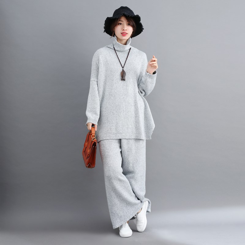 Plus Size Women 2 Pieces Pant Sets Casual Turtleneck Knitted Sweaters Pullovers And Wide Leg Pant Suits: Gray