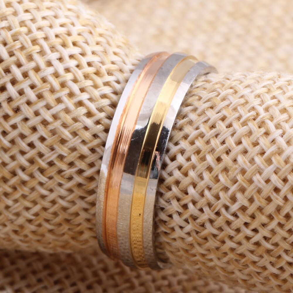 Anillos elegantes de tres colores de tiras, para mujer bandas de boda de 6mm anillo de compromiso joyas con tallas de EUA