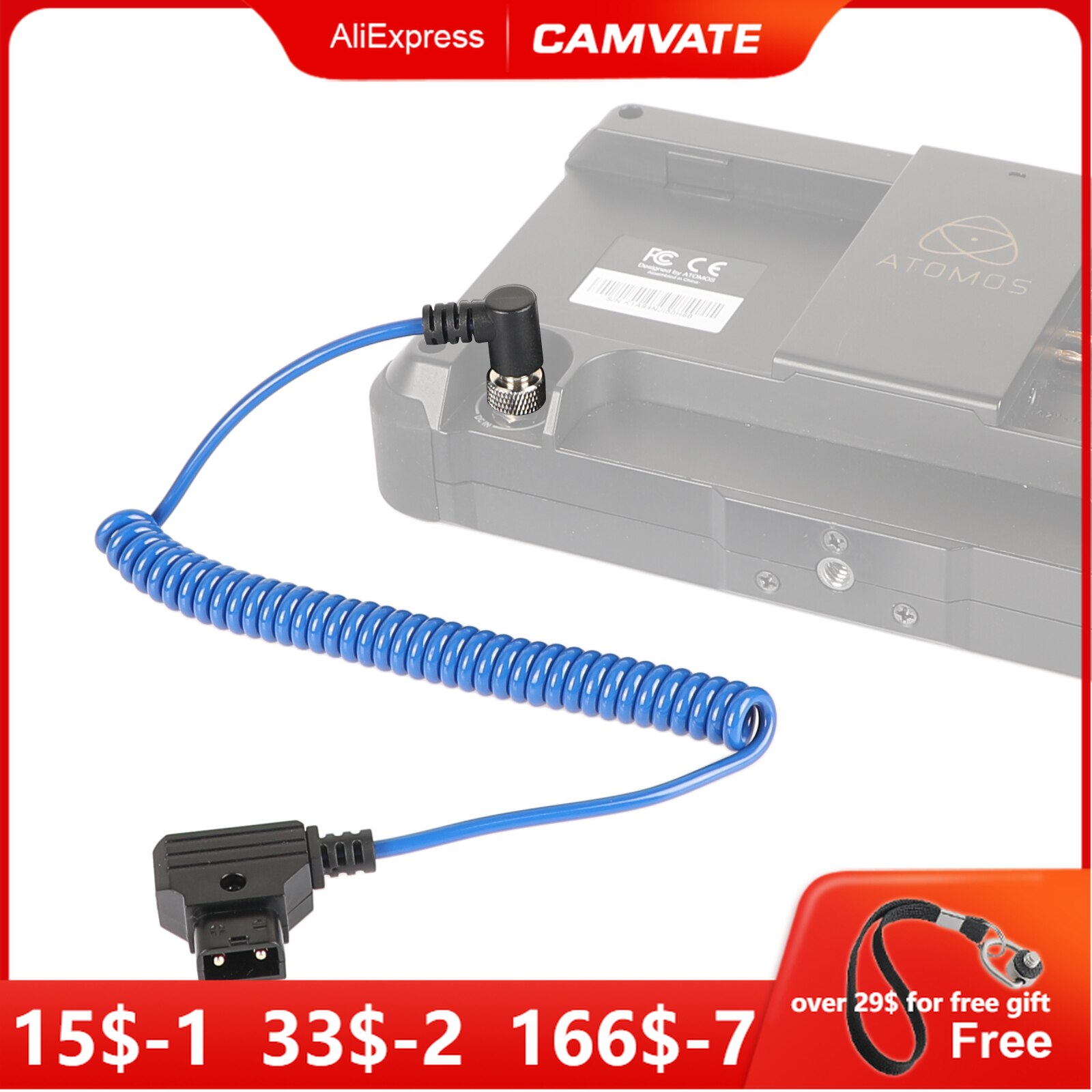 CAMVATE Universal Monitor Power Supply Coiled Cable D Tap To DC 2.5mm Right Angle With Lock (Blue)