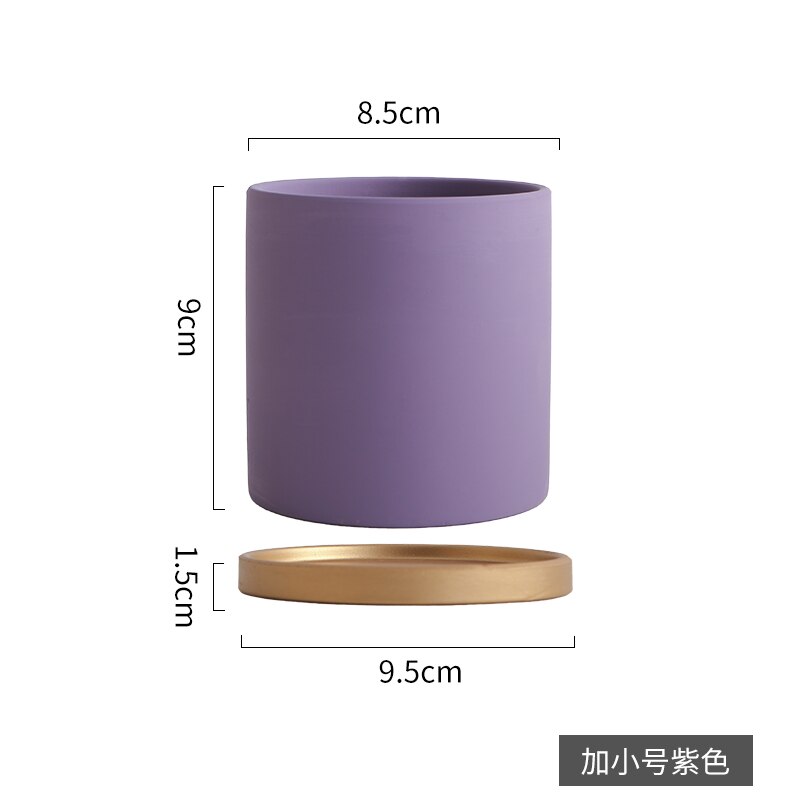 Eenvoudige, rechte, kleurrijke, cilindrische, keramische bloempot in europese stijl, vetplanten, bloemen, groene dillepot met gouden schaal: E - -8.5cm