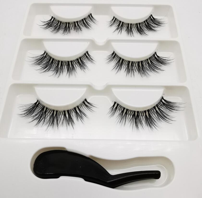 Mink Eyelashes 3 pairs lashes invisible band mink lashes reusable false eyelashes Makeup in Bulk+Eyelash curler
