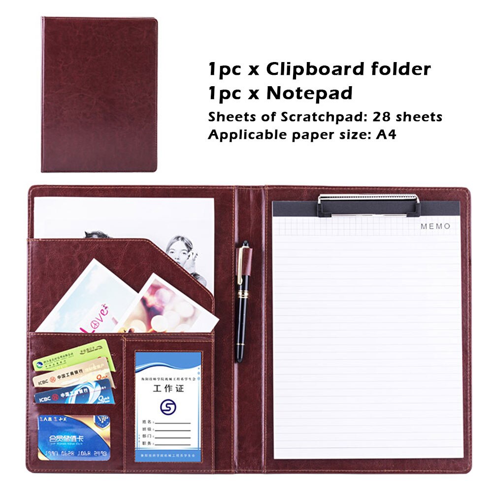 A4 Multifunctional Folder Card Storage With Notepad Clipboard Folder A4 File Multi Pocket Learning Office Supplies Note Book: Dark Brown