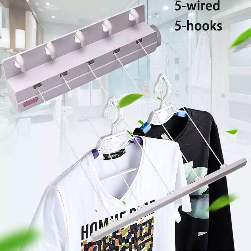 Wall Mounted Hanger Retractable Indoor Clothes Hanger Drying Rack Towel Rack Automatic Telescopic Clothesline Laundry Hanger: 5 lines