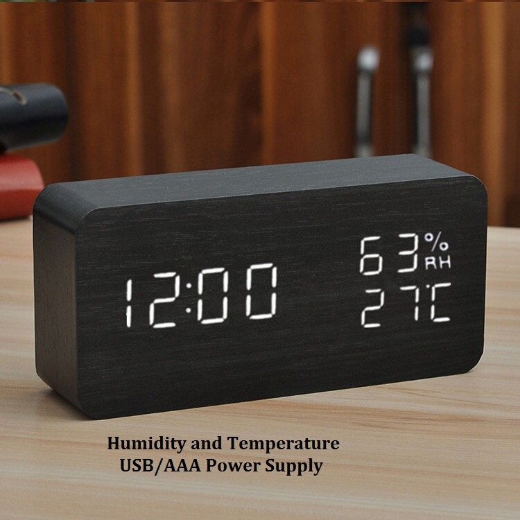 Led Houten Tafel Klok Desktop Vierkante Usb/Aaa Powerd Digitale Display Voice Control Snooze Elektronische Wekker Oogbescherming: Time TEMP RH001