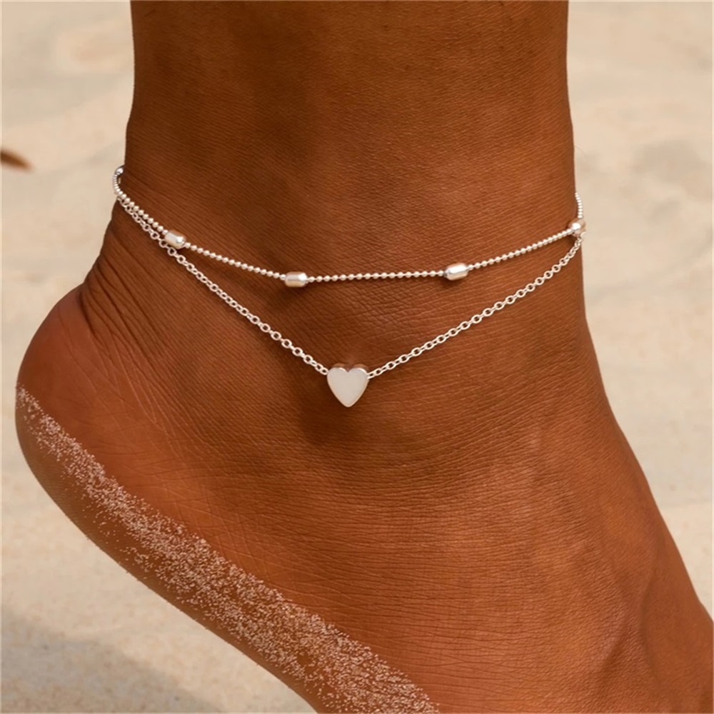 EN – Bracelet de cheville rétro pour femmes, ensemble de 4 pièces, goutte d'eau, perle, cœur, paillettes, style bohème, bijoux de plage, à la: ENS200148-2
