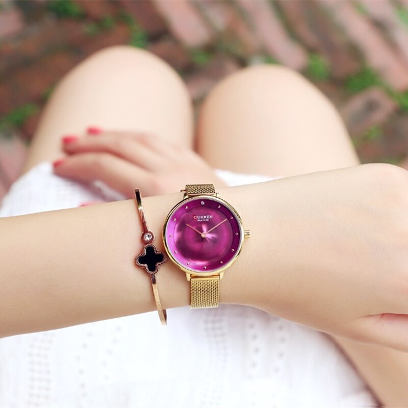 Womens Gold Horloge Mode Strass Quartz Dames Armband Horloges CURREN Vrouwelijke Klok Staal Mesh relogio feminino