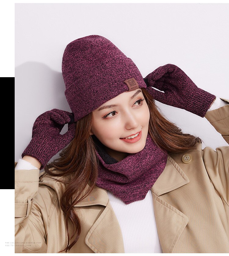 Women Scarf Hat Gloves Set Three-Piece Winter windproof Thick Warm Set Female Hats Scarves Men Women Couple Unisex