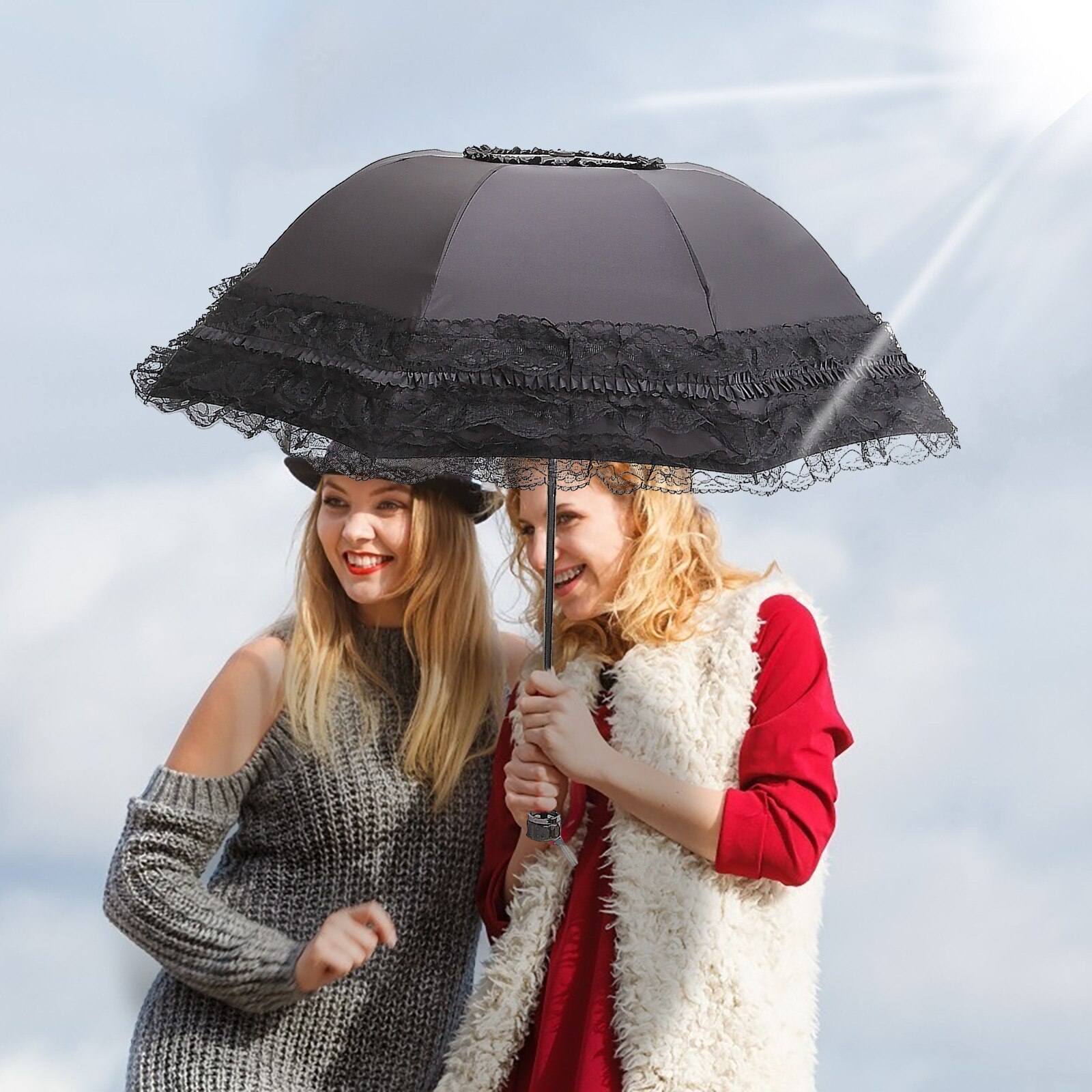 Outdoor Party Vrouwen Zwarte Kleur Gothic Kant Paraplu Zwart Bruiloft Parasols Lolita Zwarte Paraplu Tweeërlei Gebruik Zon paraplu