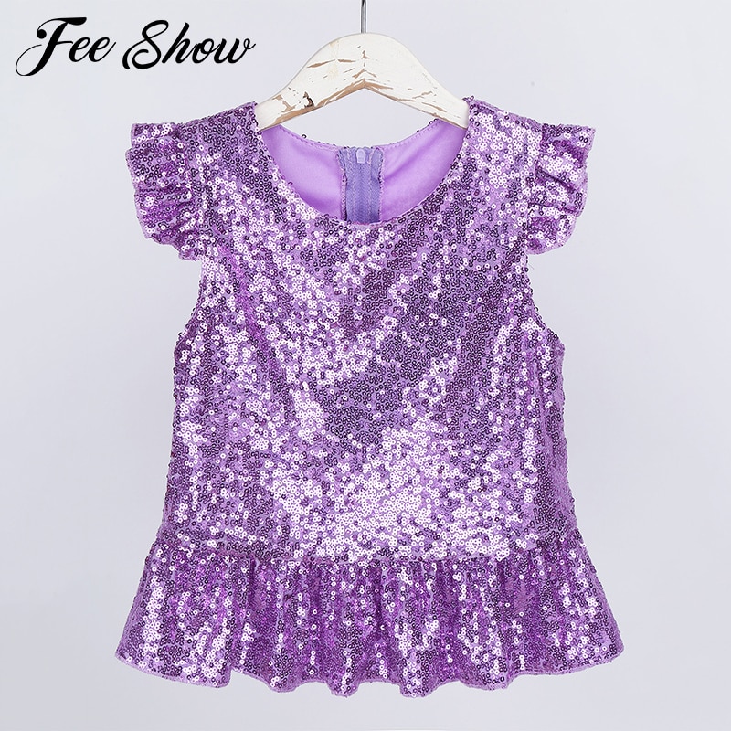 Hauts en prune pour filles, Costume sirène, avec paillettes scintillantes à manches courtes, hauts de fête d'anniversaire carnaval, Costume de Jazz et de danse