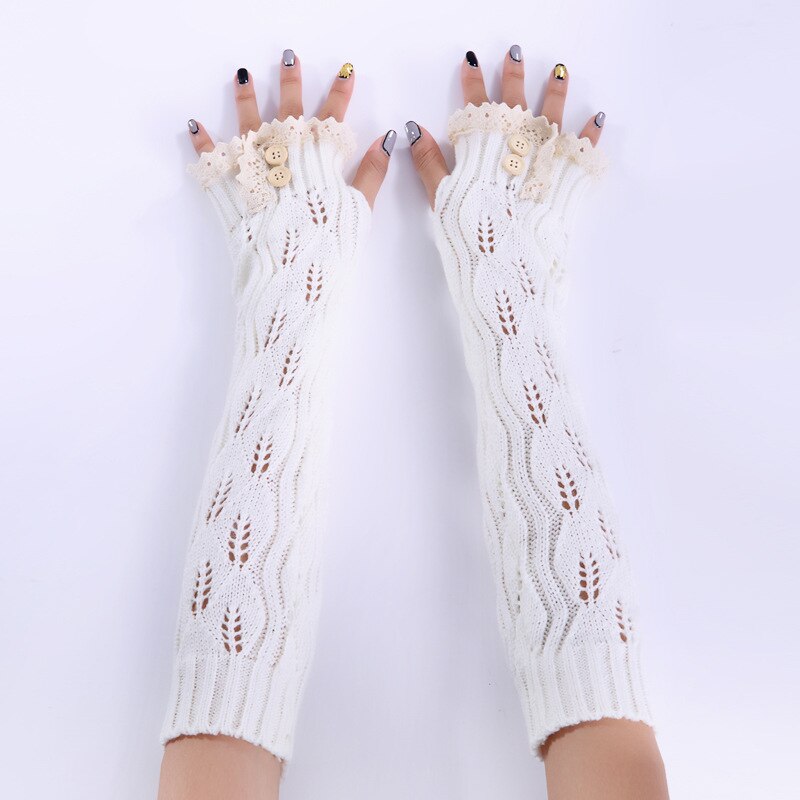 Herfst Winter Mode Handschoen Jaar Kant Knop Gebreide Garen Warm Houden Vingerloze Half Vinger Lady Vrouwen Arm Lange handschoenen: white