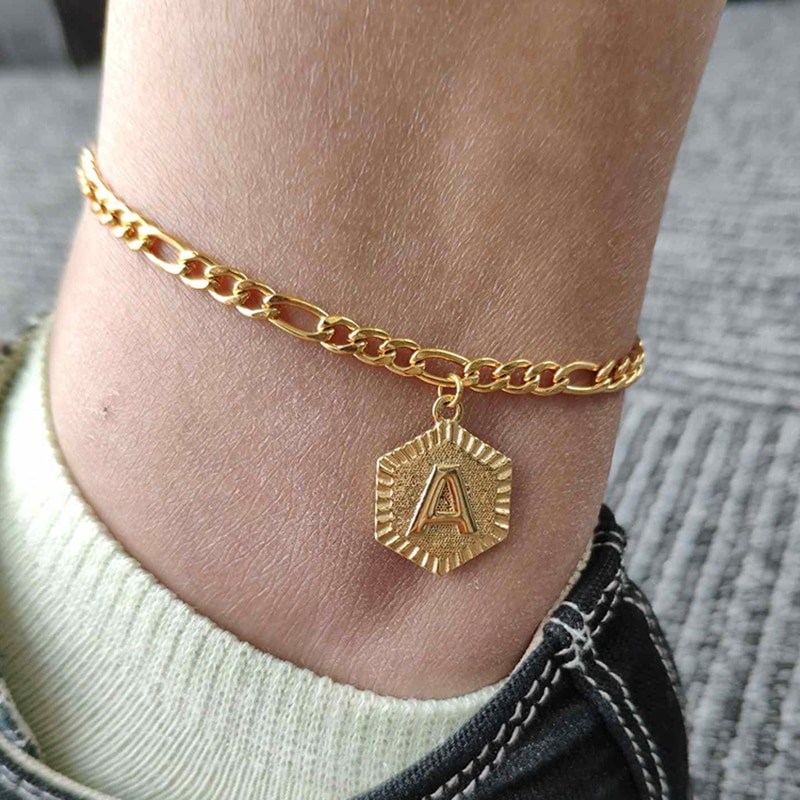 Hexagon A-Z knapp Initial Fußkettchen Für Frauen Gold Edelstahl Fuß Kette Weibliche Knöchel Armbinde Auf sterben Bein Schmuck