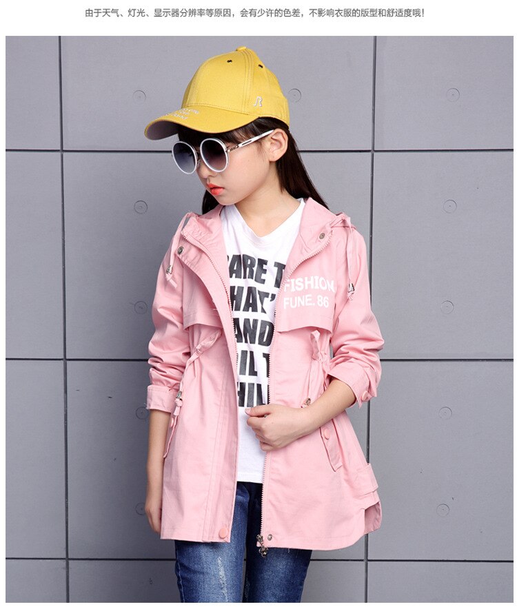 Teenager Spring Autumn Girls Trench Coat Hooded Jacket Long Cardigan Kids School Clothing Casual Outwear 3-14 Age