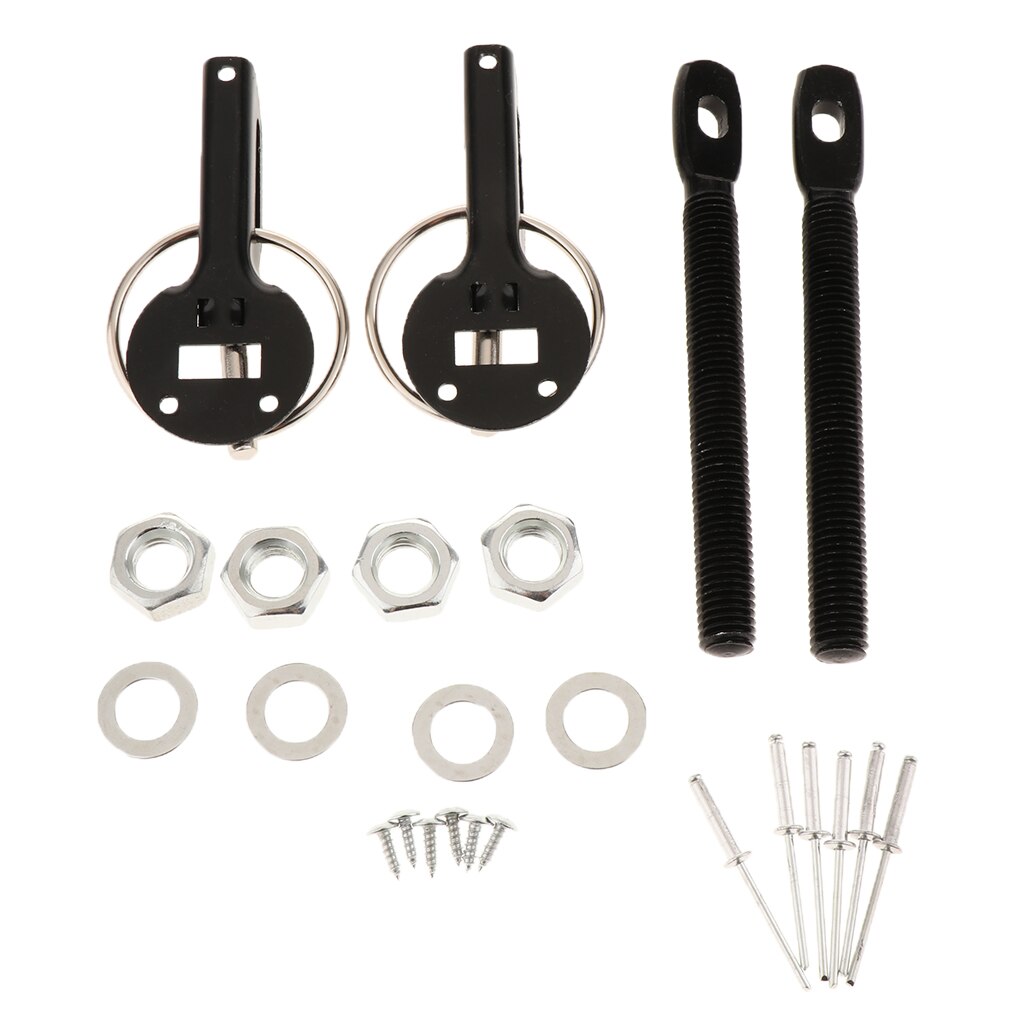 Universal Aluminum Car Bonnet Hood Pin Pins Key Lock Latch Catch Locking Fasten Kit Set (Black)