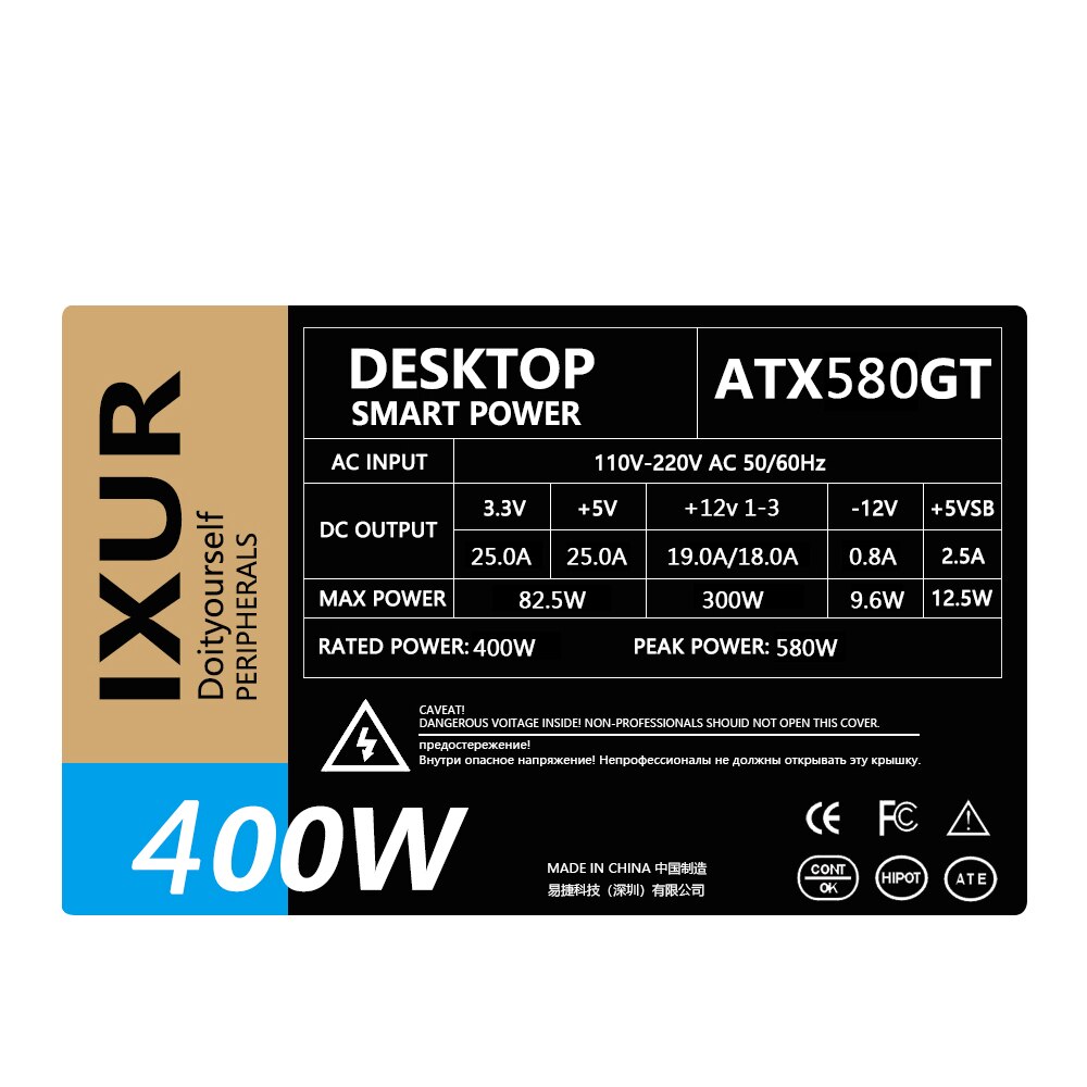 IXUR PSU PFC 400 W Watt Silent Fan ATX-580GT PC Computer Power Supply