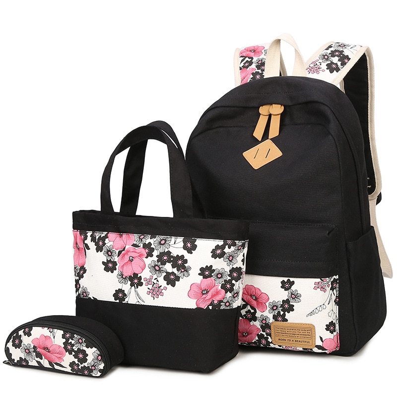 DIOMO Floral Schule Tasche Set für Mädchen Neue Frauen Rucksack Leinwand Blume Drucken Weibliche Buch Tasche 3 teile/satz