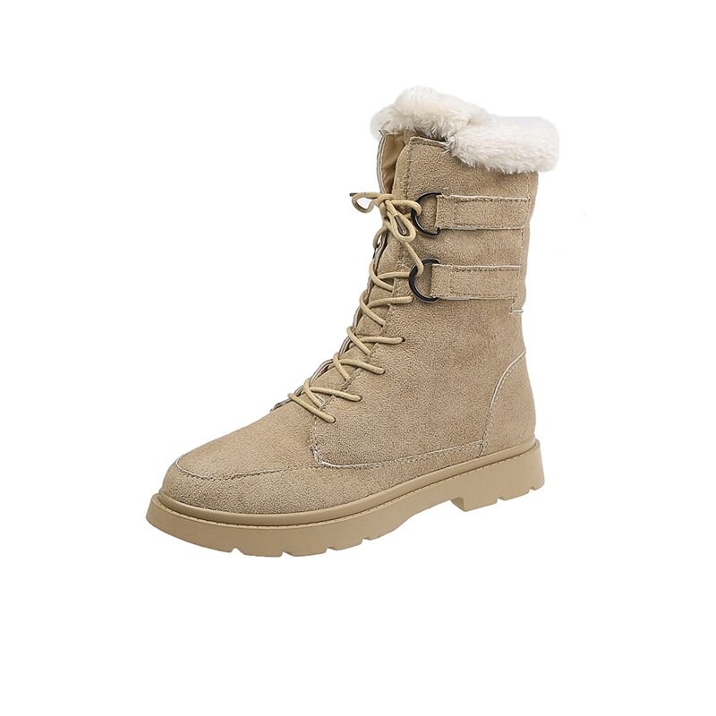 Pelsstøvler vintervarme mellemlægsstøvler til kvinder snesko stil rund tå slip on kvindelige snestøvler damesko: Beige / 39